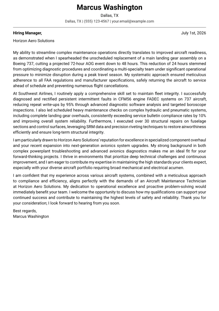 Aircraft Maintenance Technician Cover Letter Example