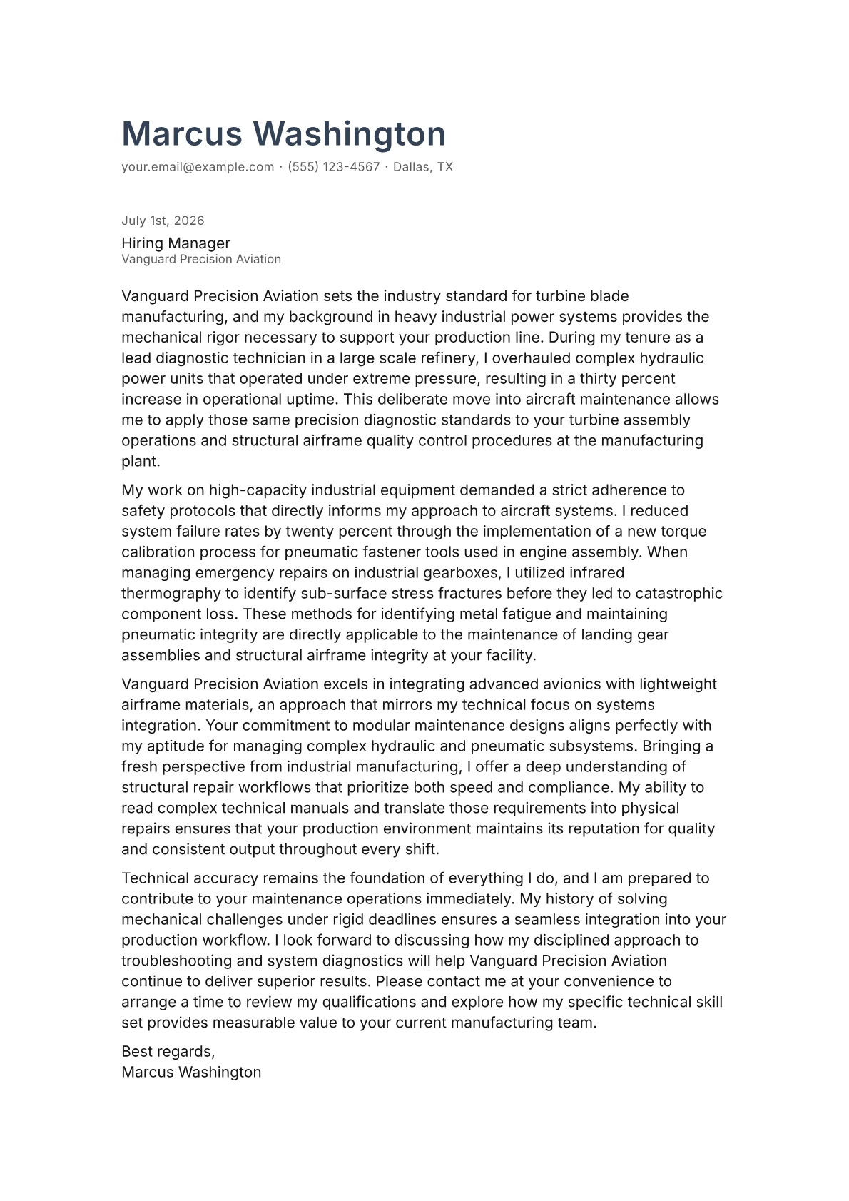 Aircraft Maintenance Technician cover letter in the Minimal design