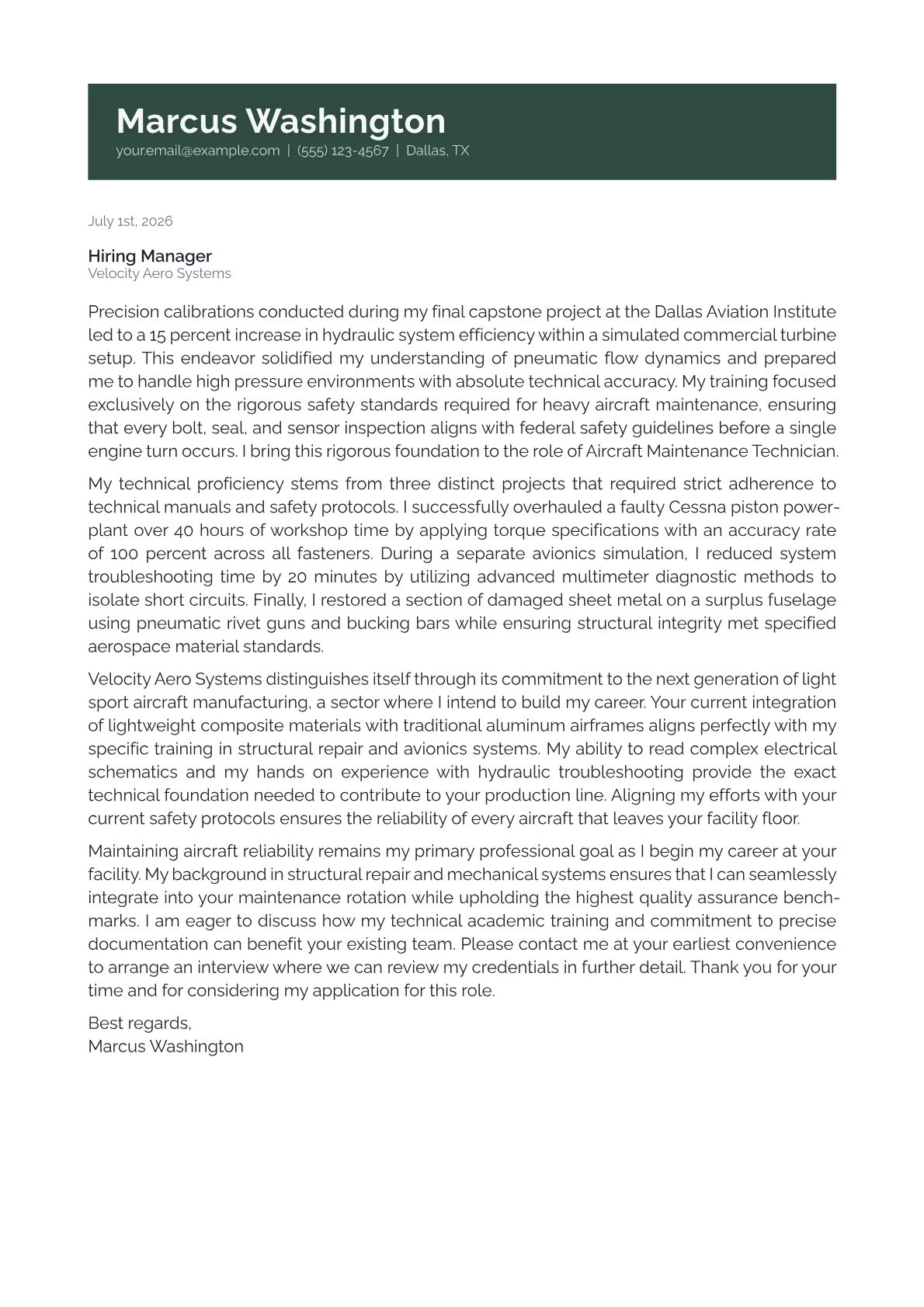 Aircraft Maintenance Technician cover letter in the Banner design