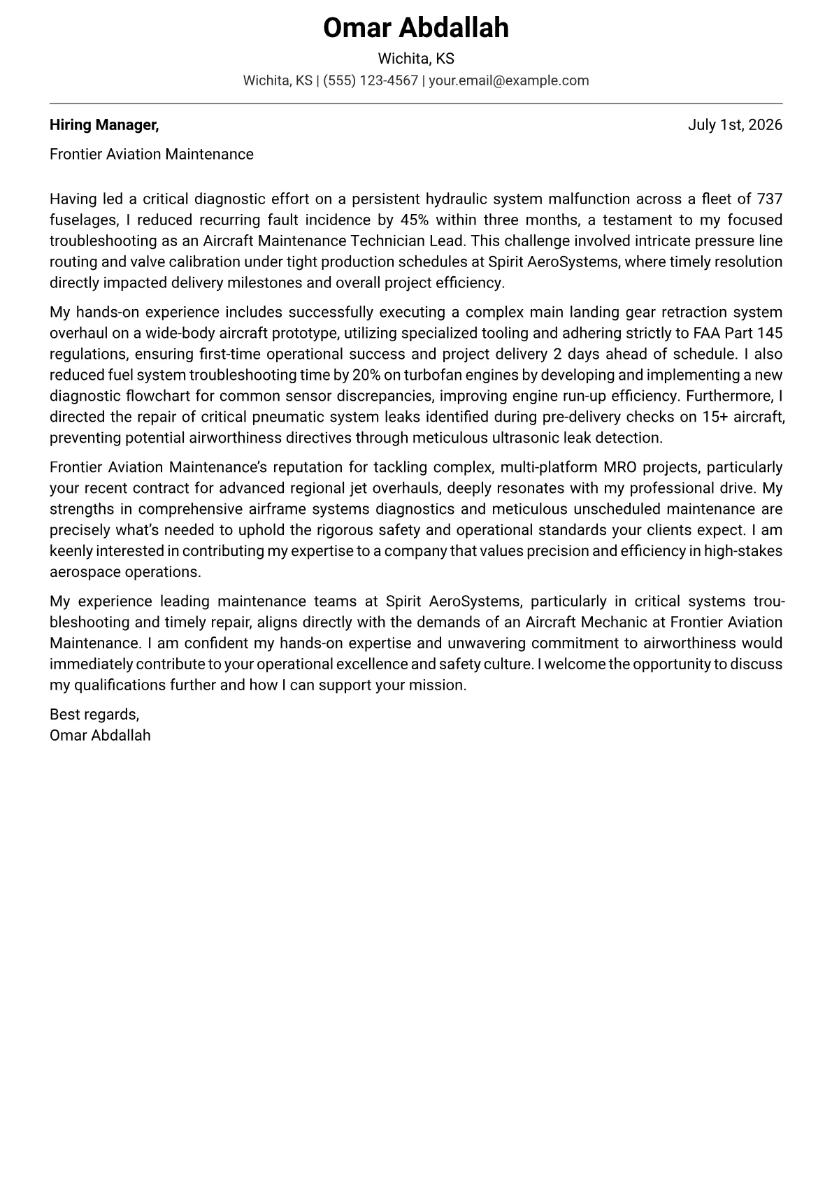Aircraft Mechanic cover letter formatted with a JobSprout template