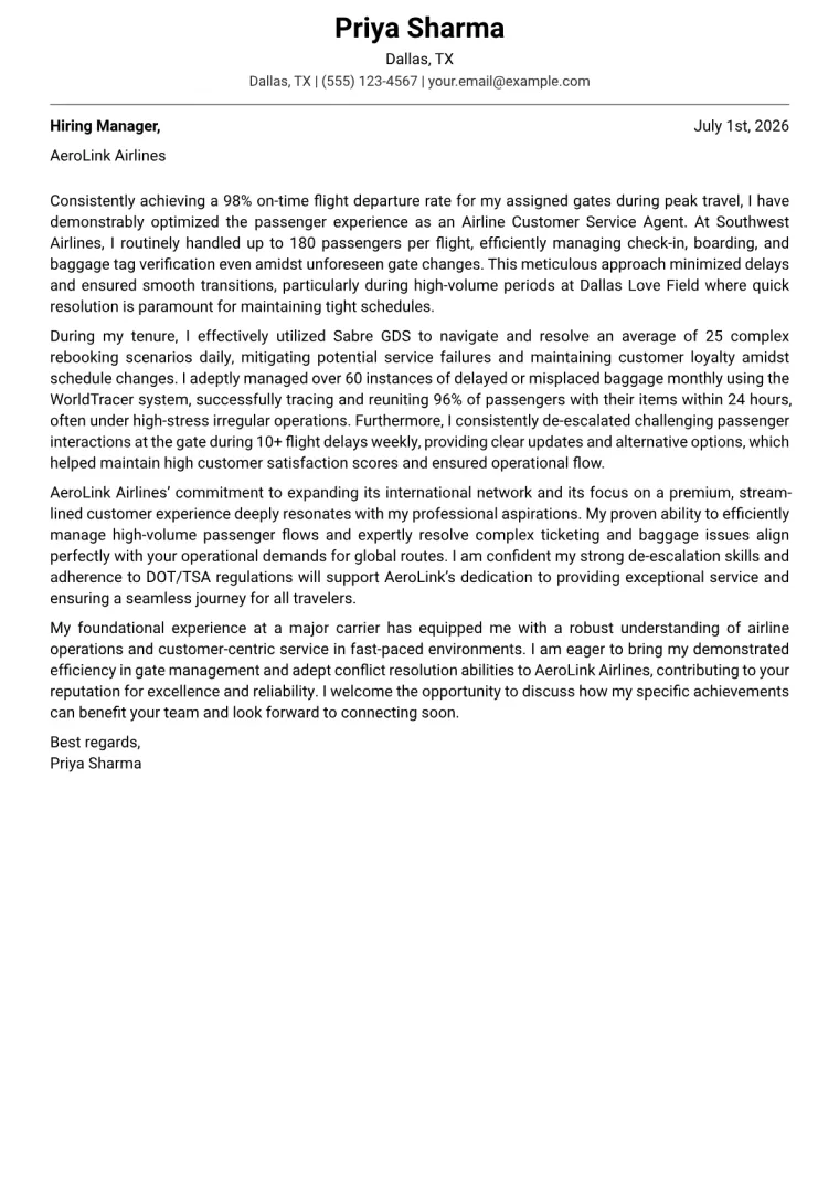 Airline Customer Service Agent Cover Letter Example