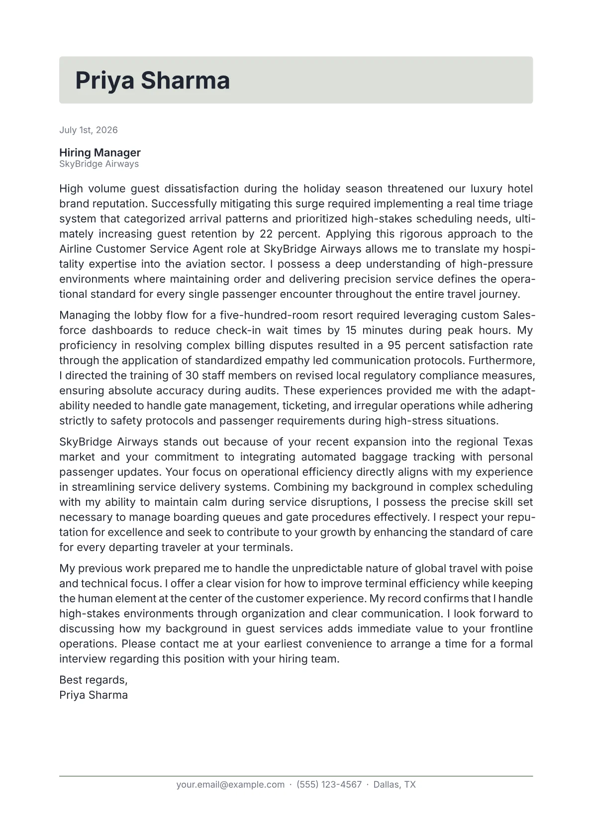 Airline Customer Service Agent cover letter in the Letterhead design