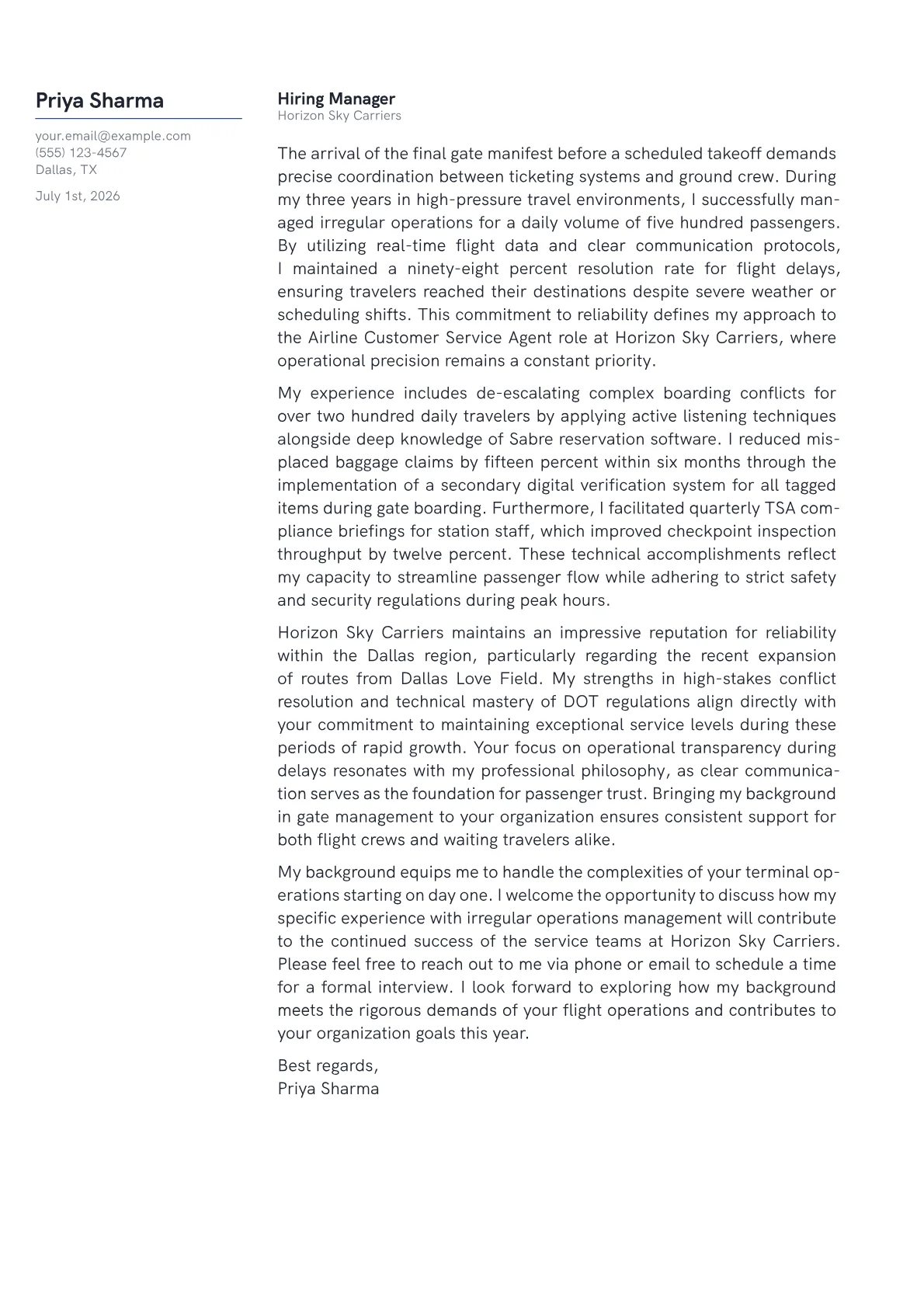 Airline Customer Service Agent cover letter in the Margin design