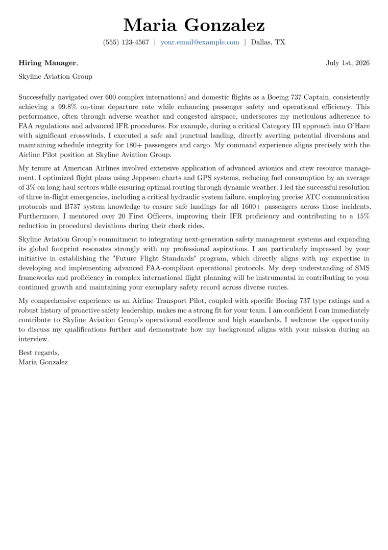 Airline Pilot Cover Letter Example
