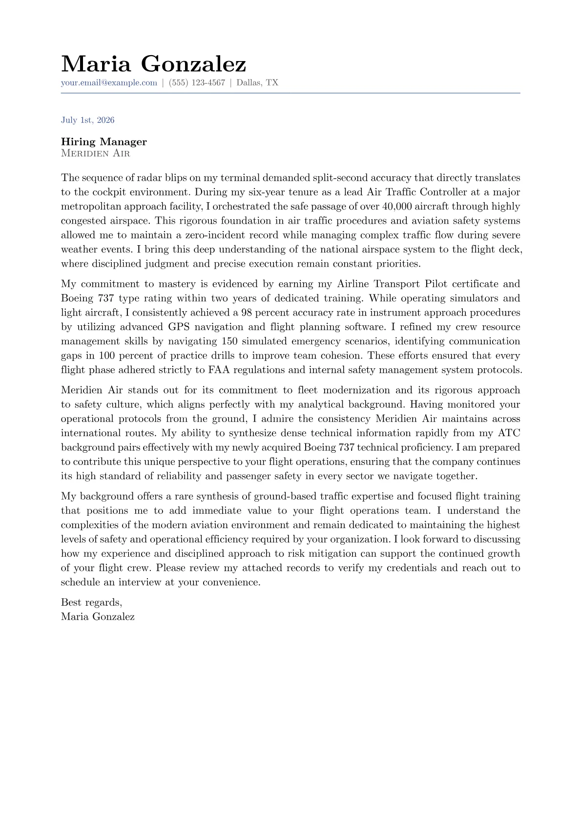 Airline Pilot cover letter in the Classic design