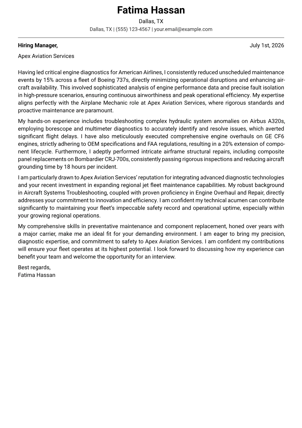 Airplane Mechanic cover letter formatted with a JobSprout template