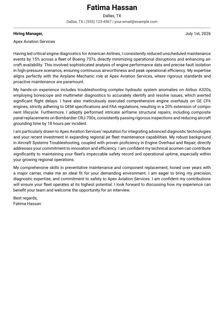 Airplane Mechanic cover letter example preview