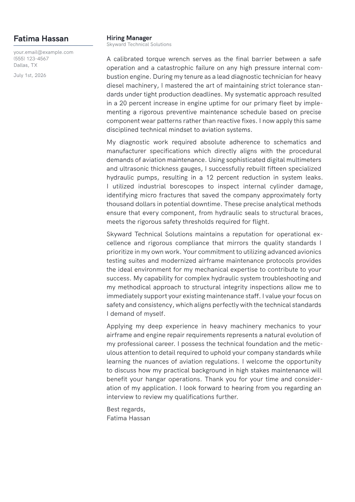 Airplane Mechanic cover letter in the Margin design