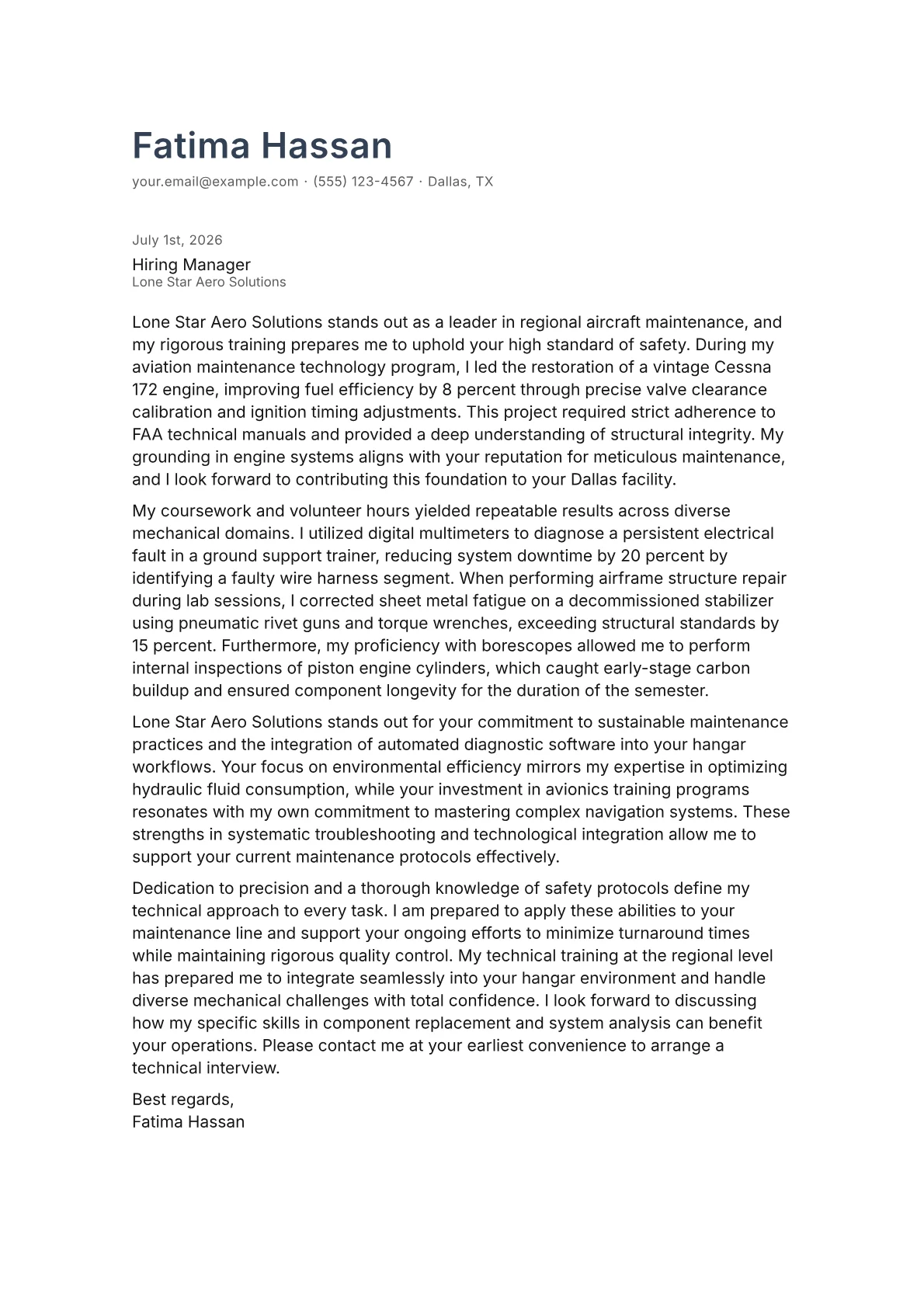Airplane Mechanic cover letter in the Minimal design