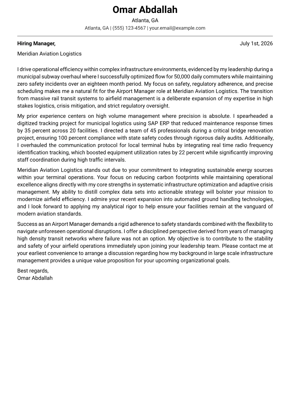 Airport Manager cover letter in the Modern design