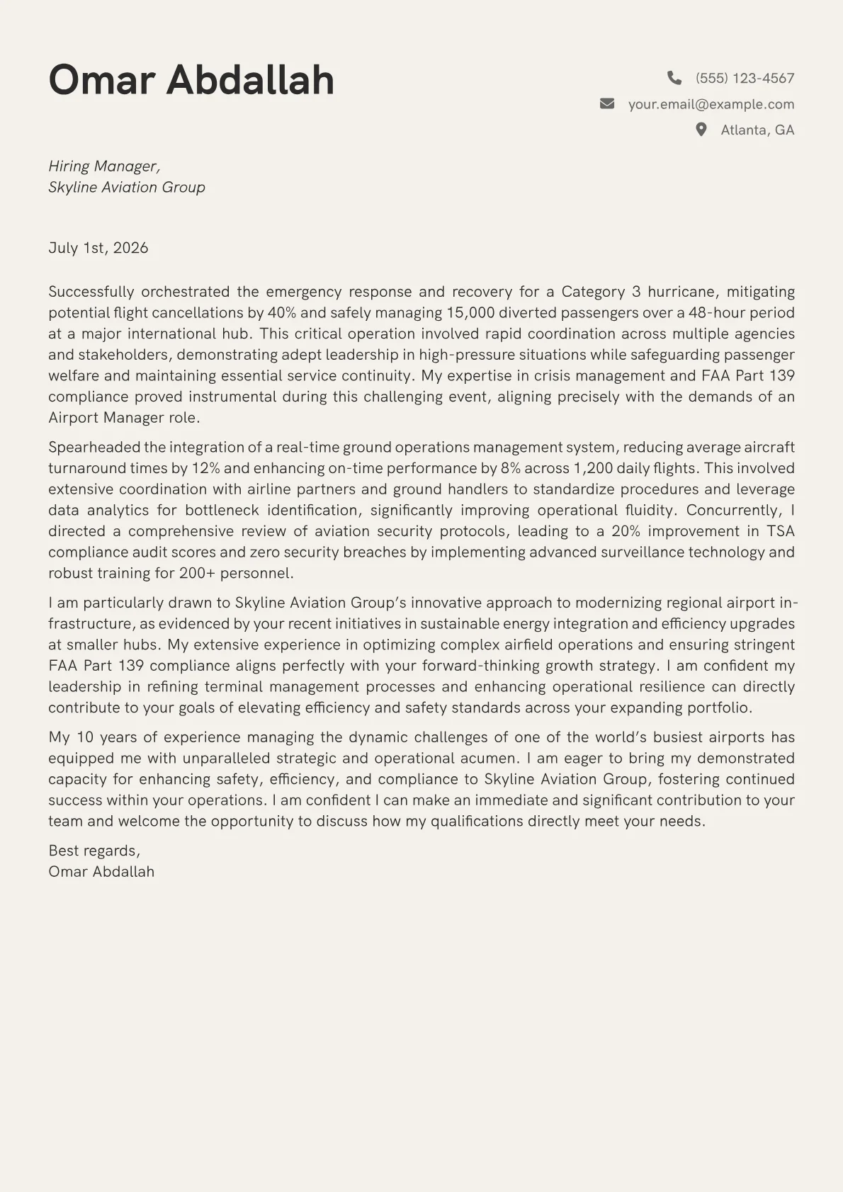 Airport Manager cover letter formatted with a JobSprout template