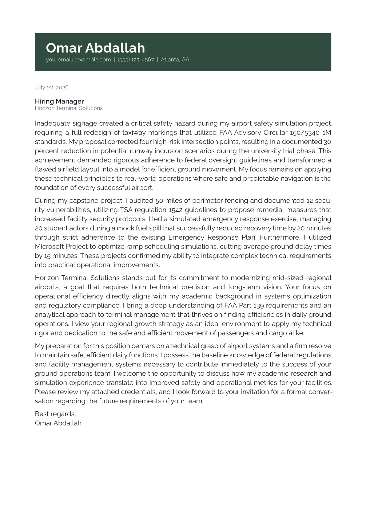 Airport Manager cover letter in the Banner design