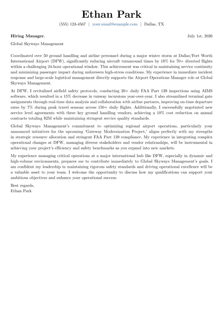 Airport Operations Manager cover letter example preview