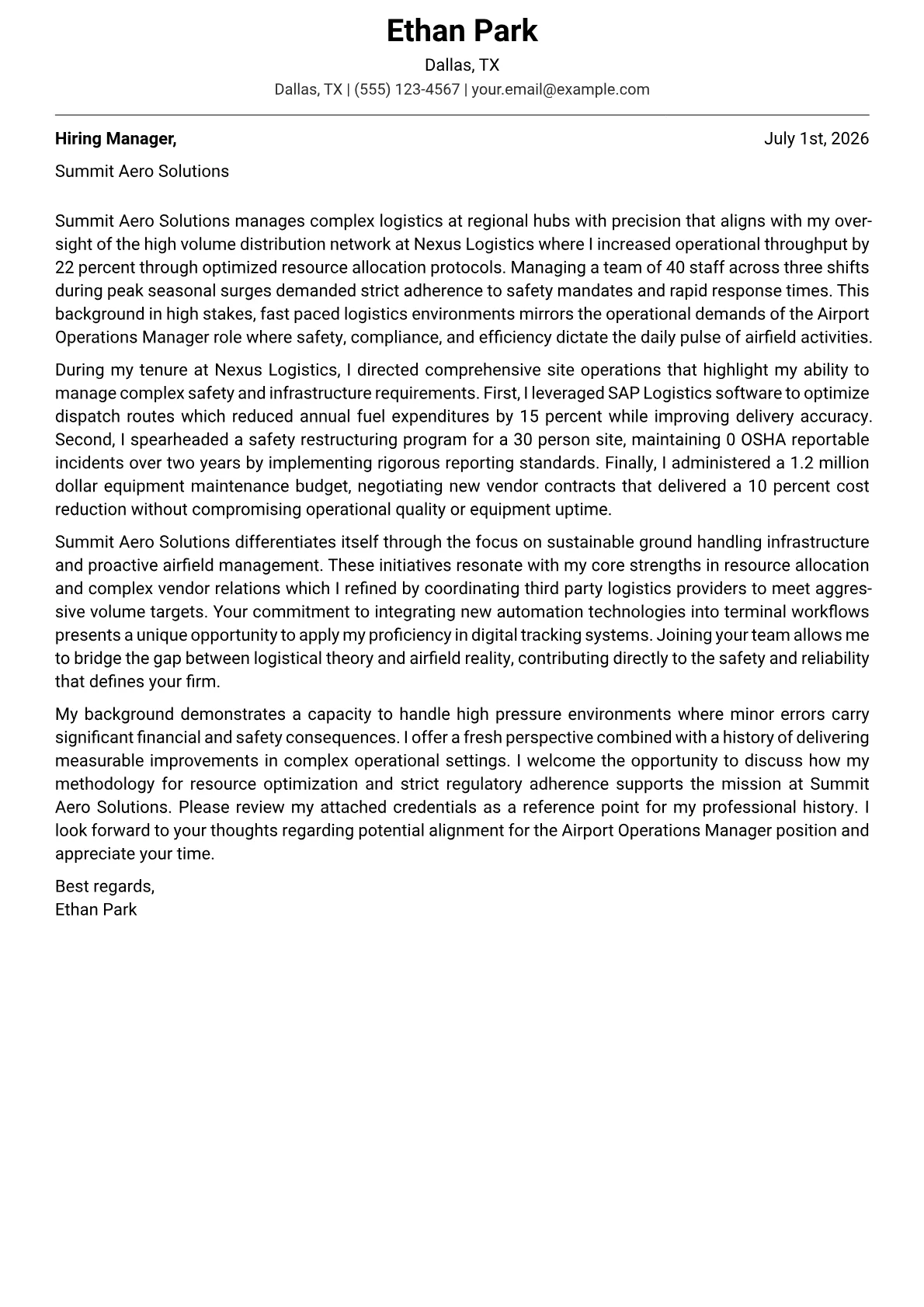 Airport Operations Manager cover letter in the Modern design