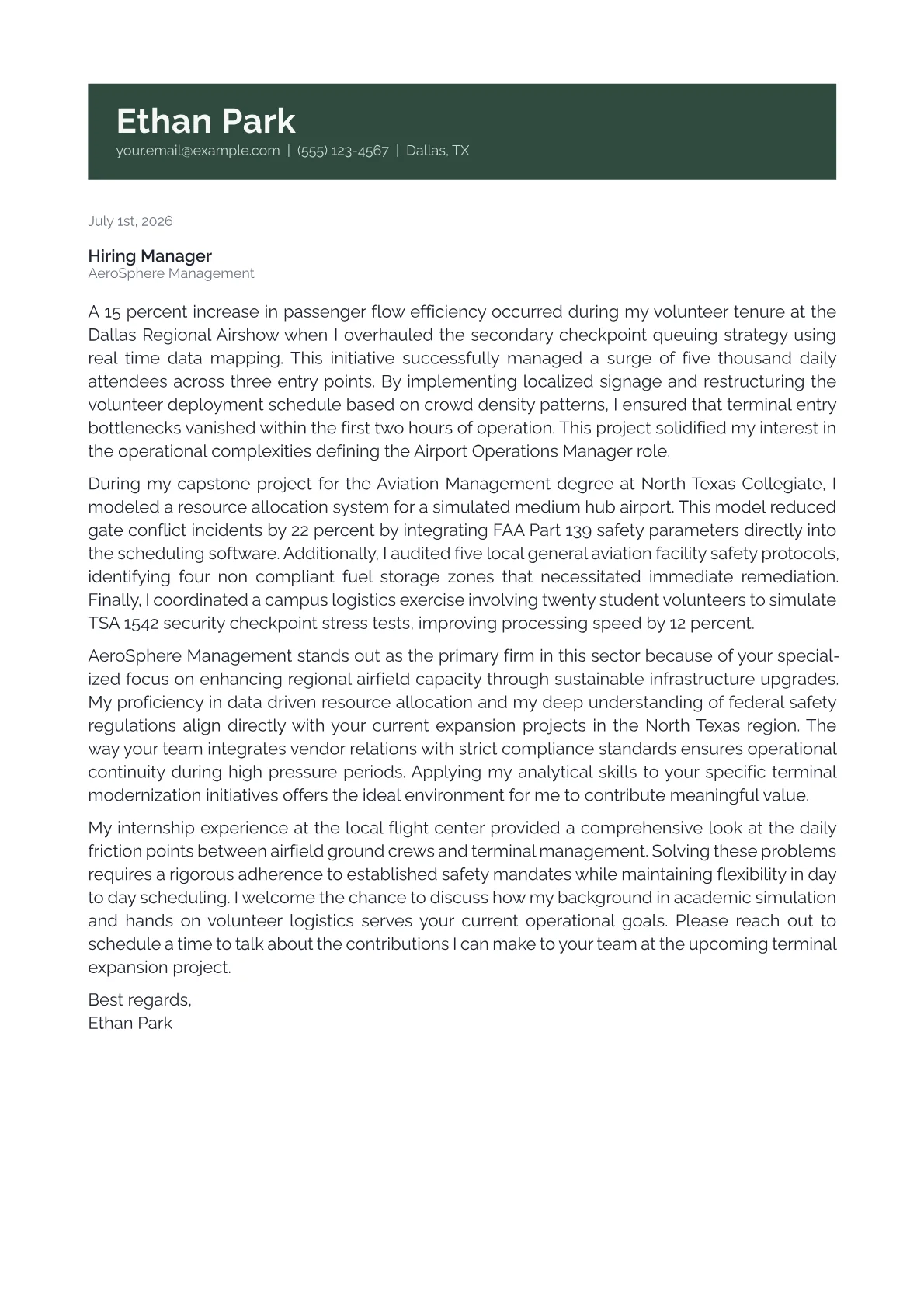 Airport Operations Manager cover letter in the Banner design