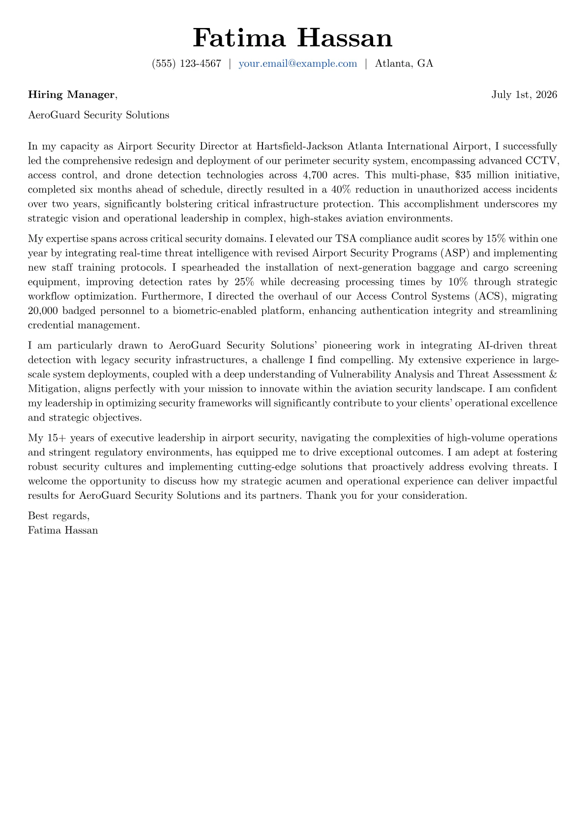 Airport Security Director cover letter formatted with a JobSprout template