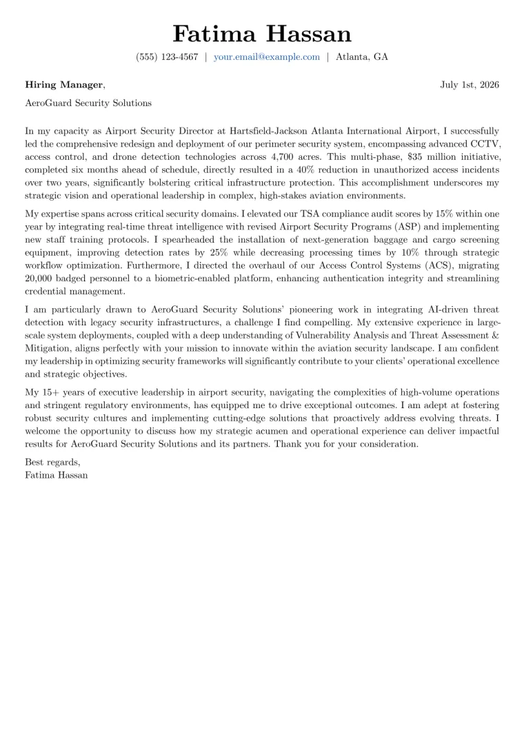 Airport Security Director cover letter example preview