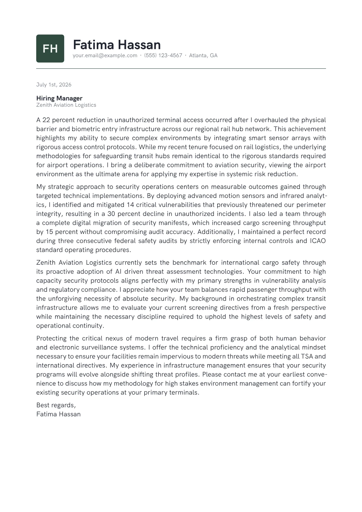 Airport Security Director cover letter in the Emblem design