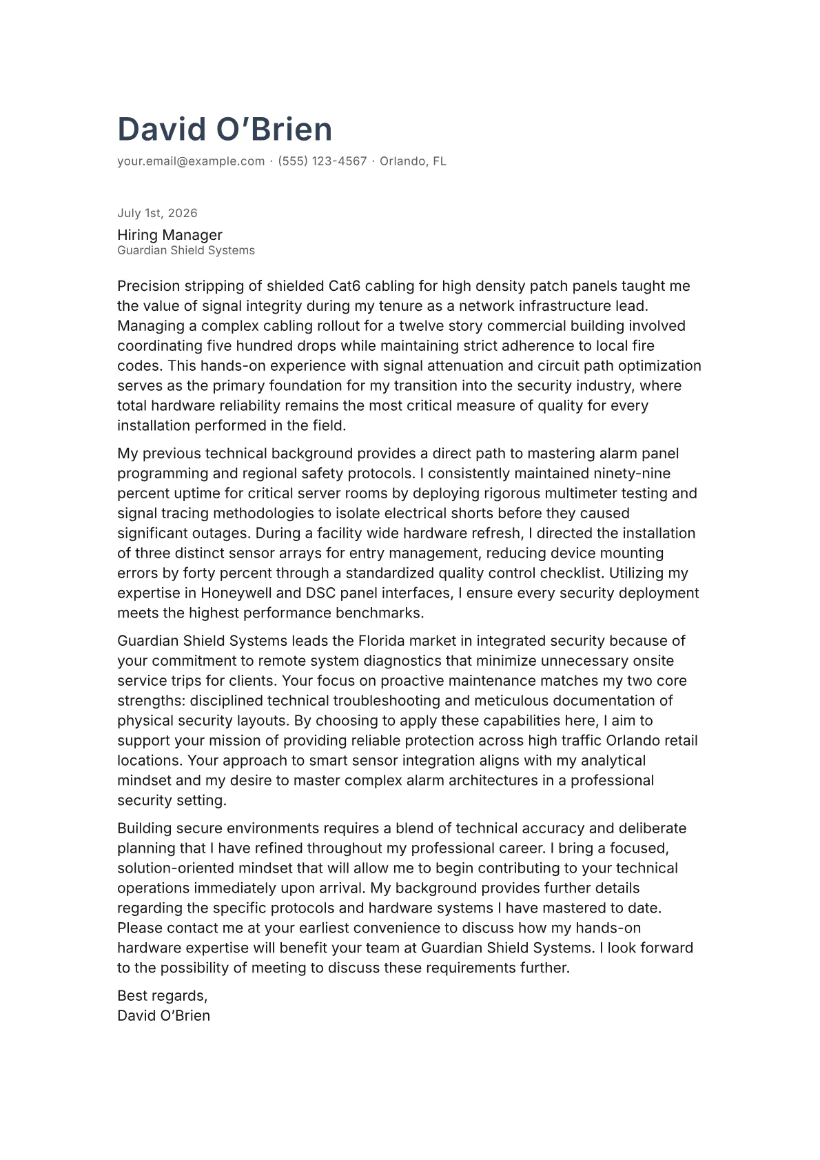 Alarm System Technician cover letter in the Minimal design