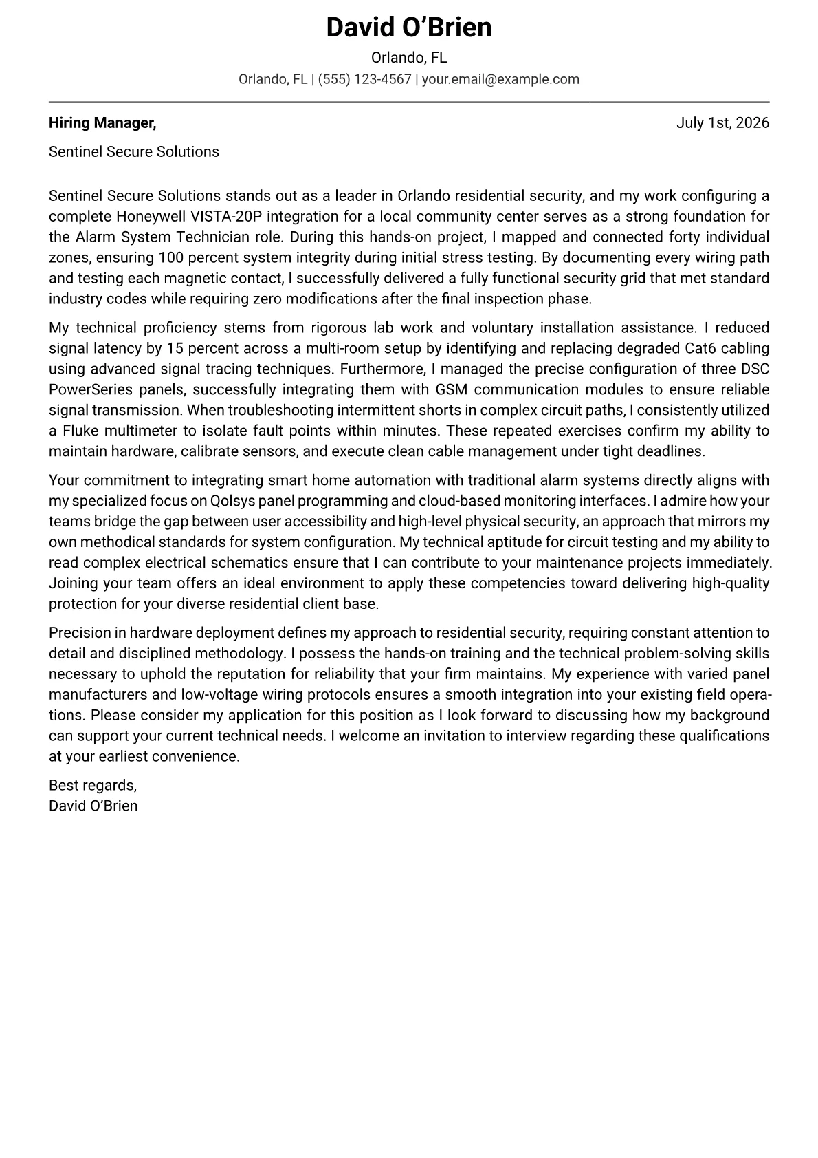 Alarm System Technician cover letter in the Modern design