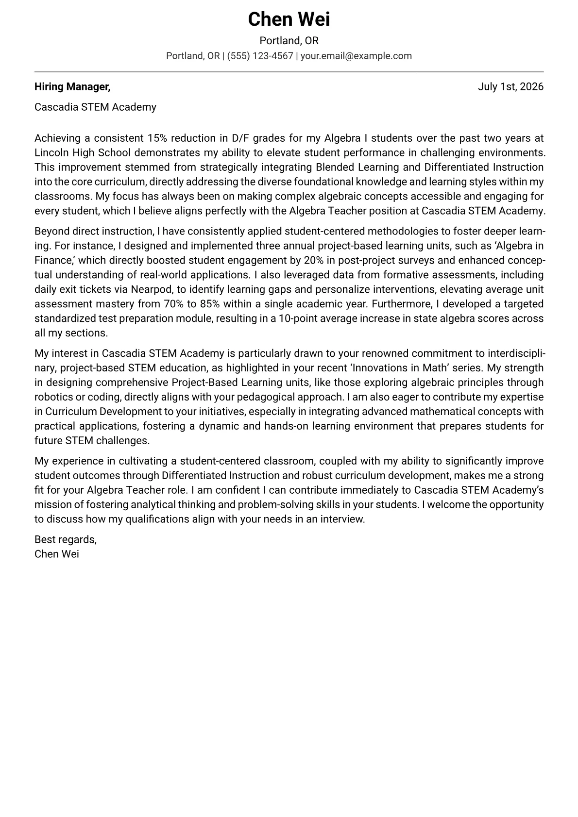 Algebra Teacher cover letter formatted with a JobSprout template