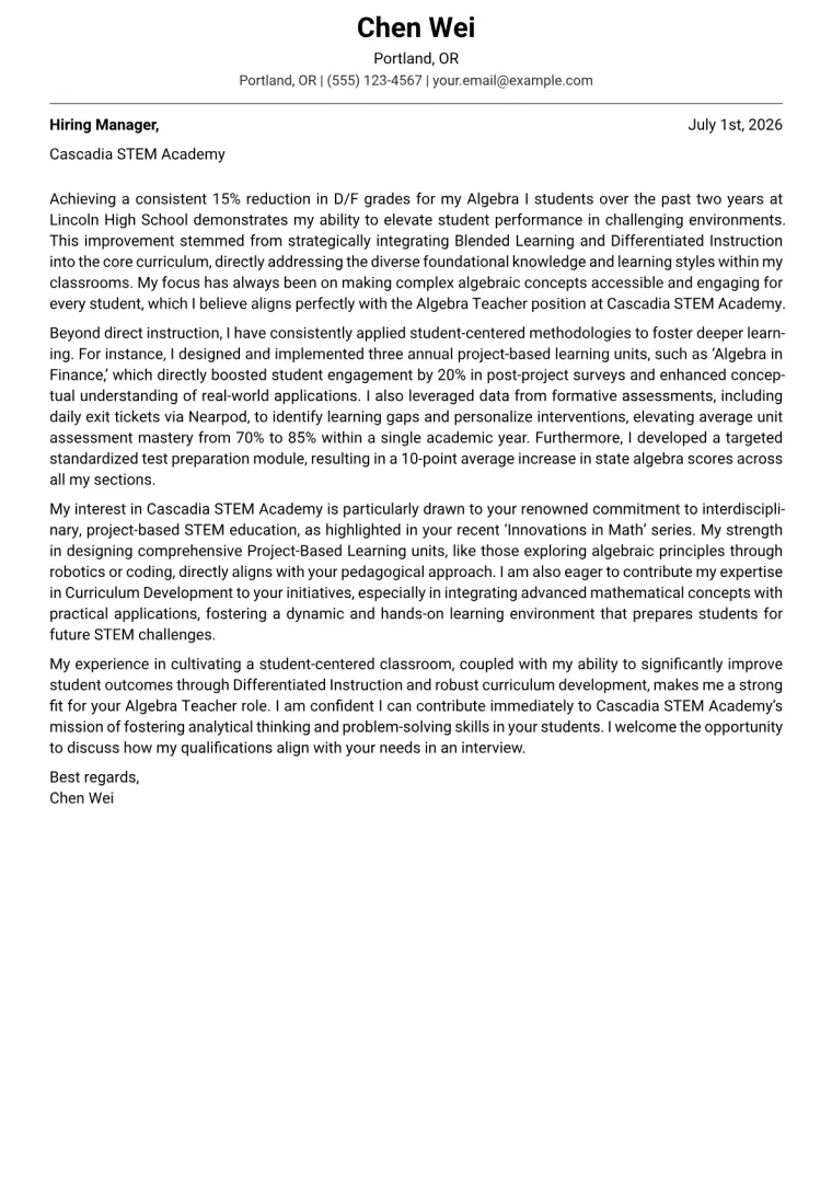 Algebra Teacher cover letter example preview