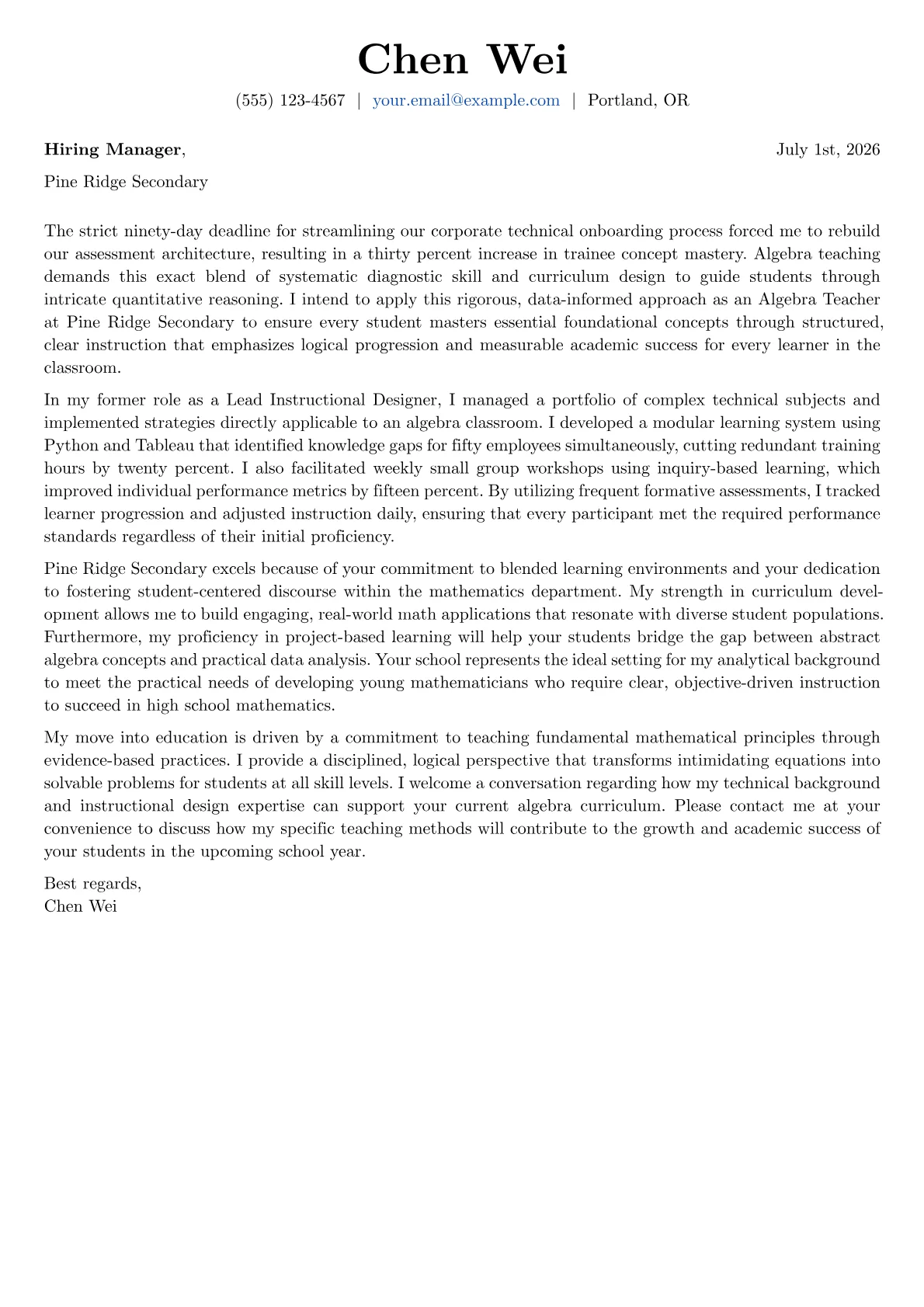 Algebra Teacher cover letter in the Basic design