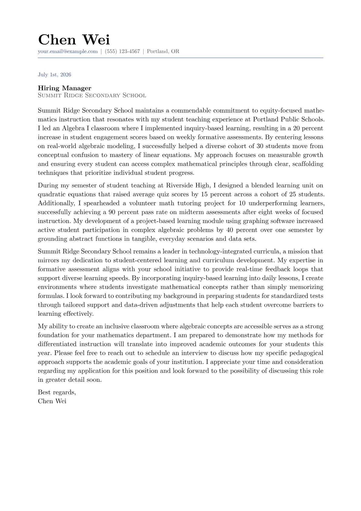 Algebra Teacher cover letter in the Classic design