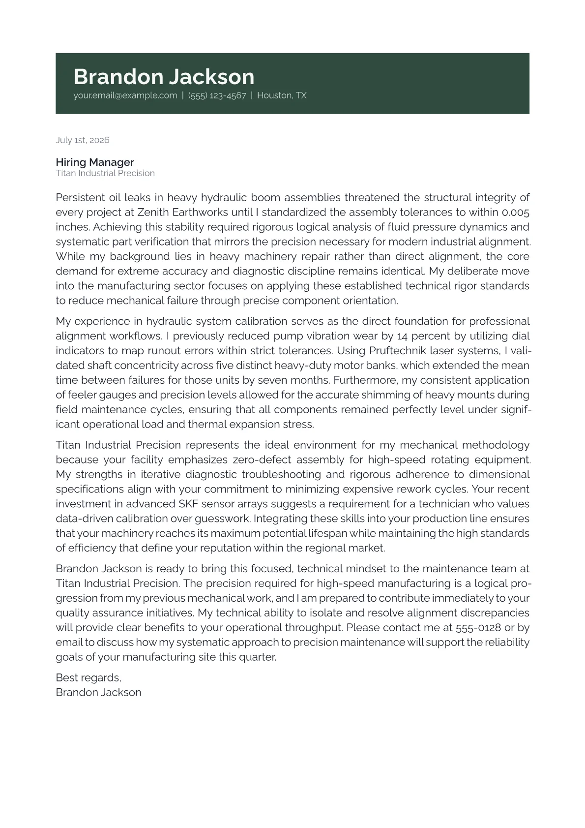 Alignment Technician cover letter in the Banner design