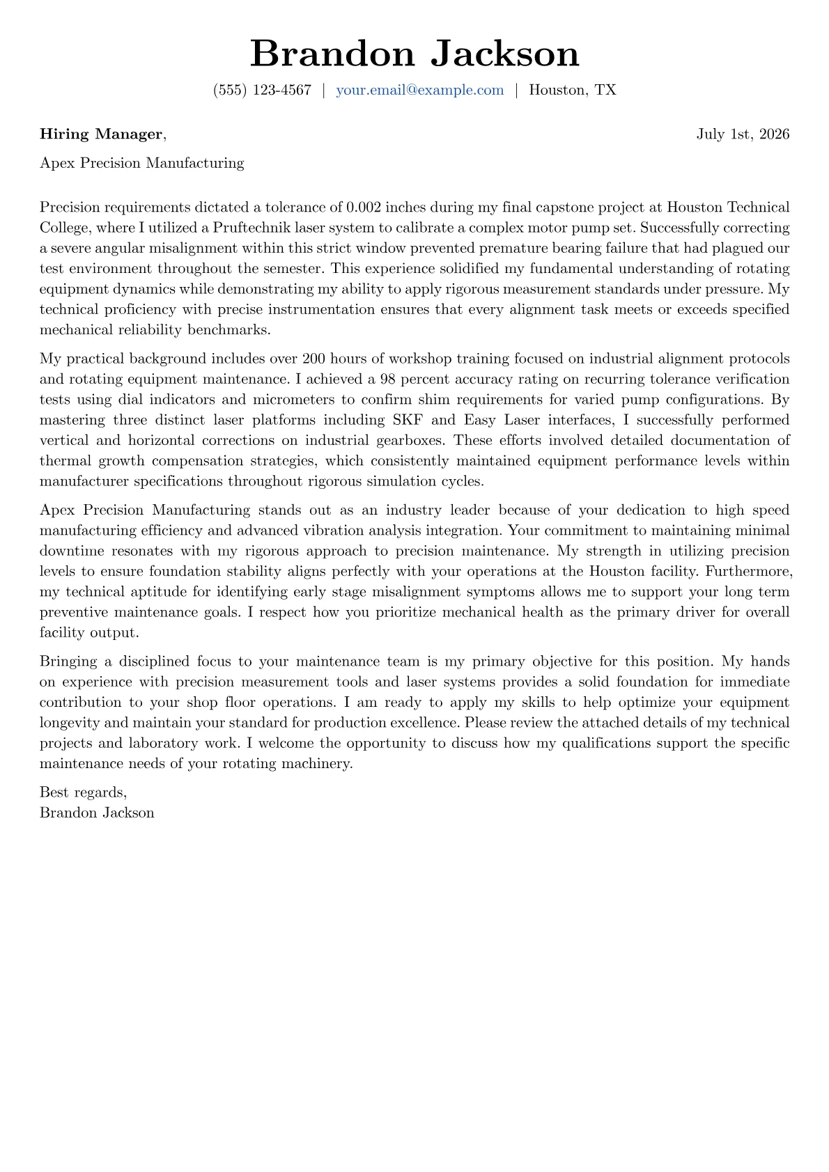 Alignment Technician cover letter in the Basic design