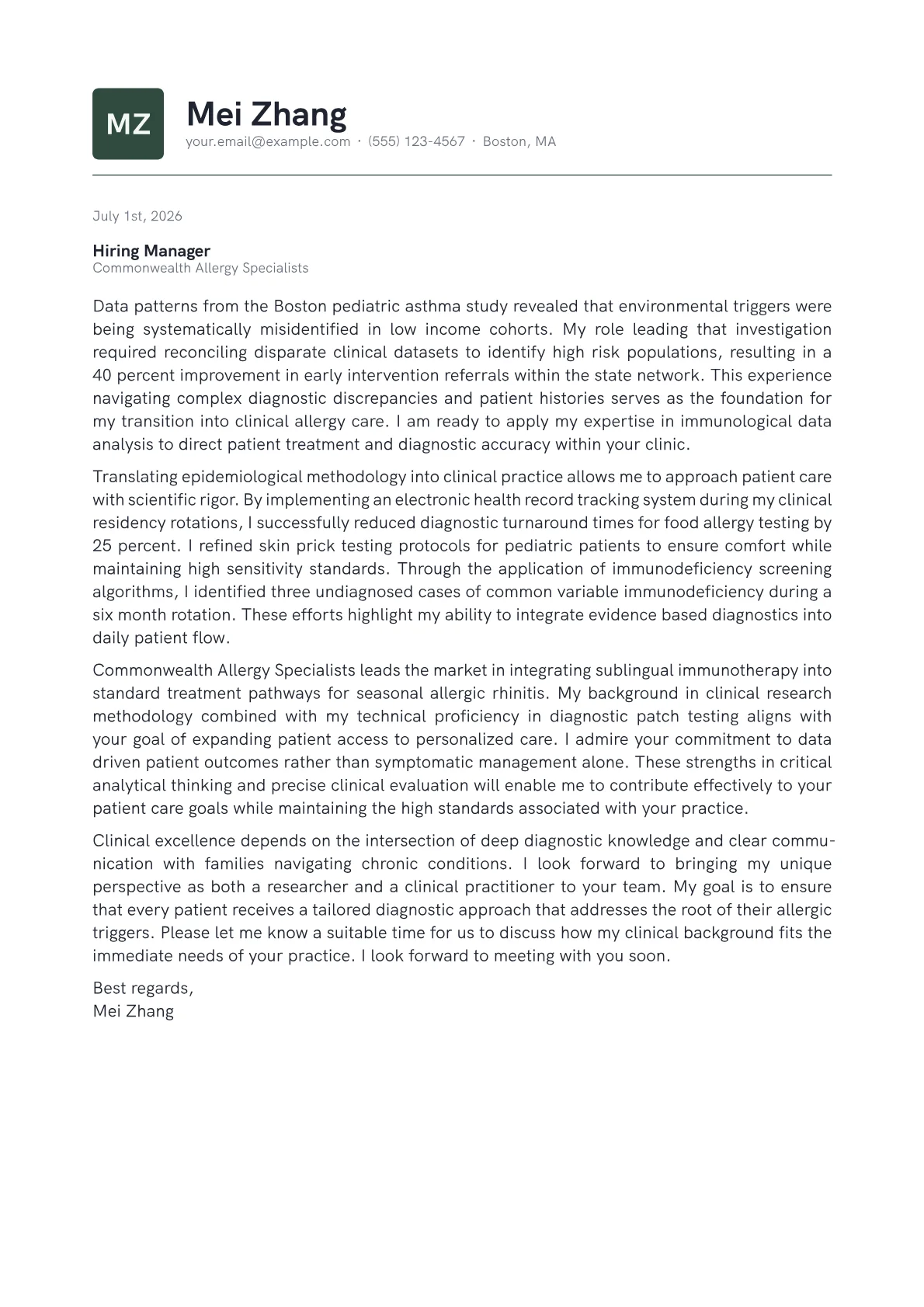 Allergist cover letter in the Emblem design
