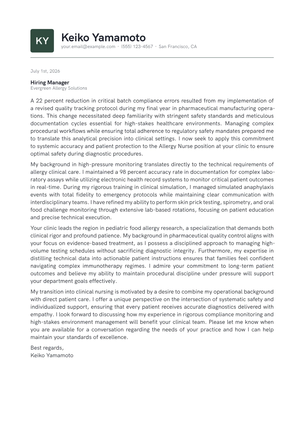 Allergy Nurse cover letter in the Emblem design
