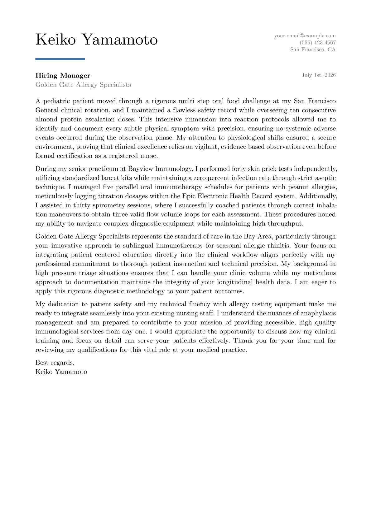 Allergy Nurse cover letter in the Executive design