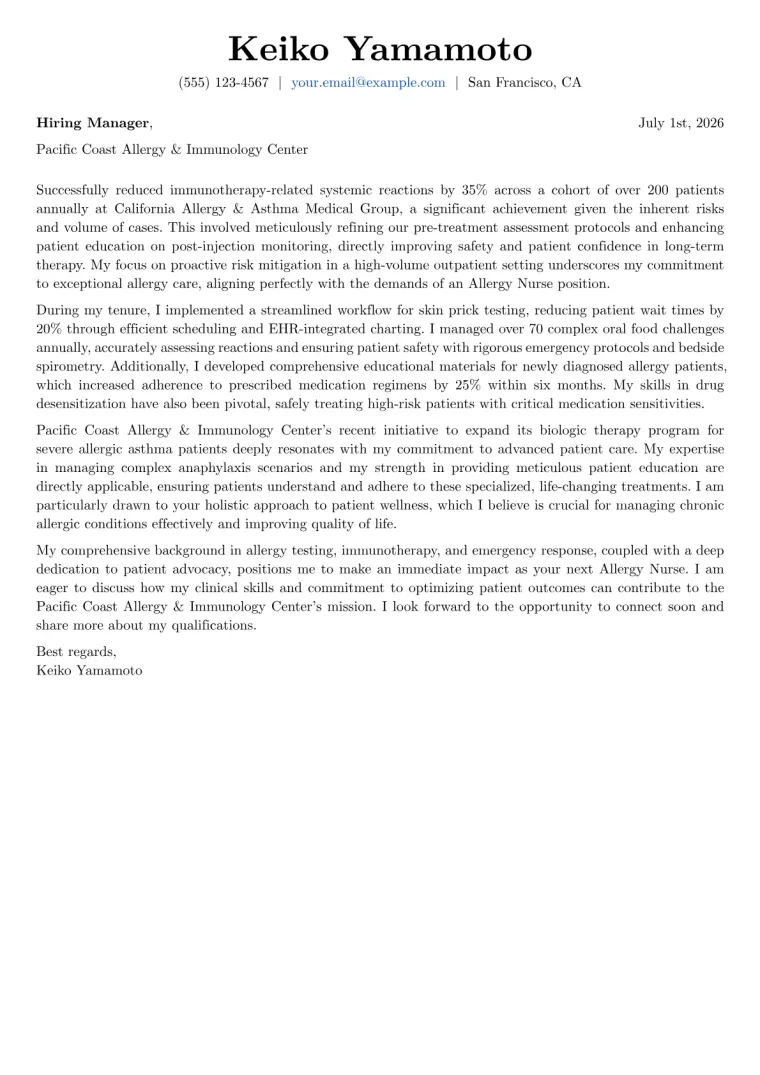 Allergy Nurse cover letter example preview