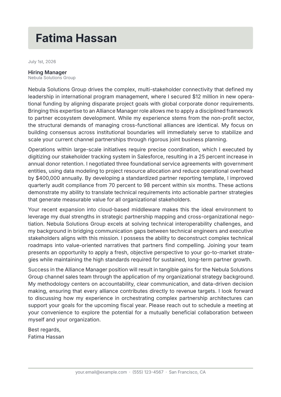 Alliance Manager cover letter in the Letterhead design