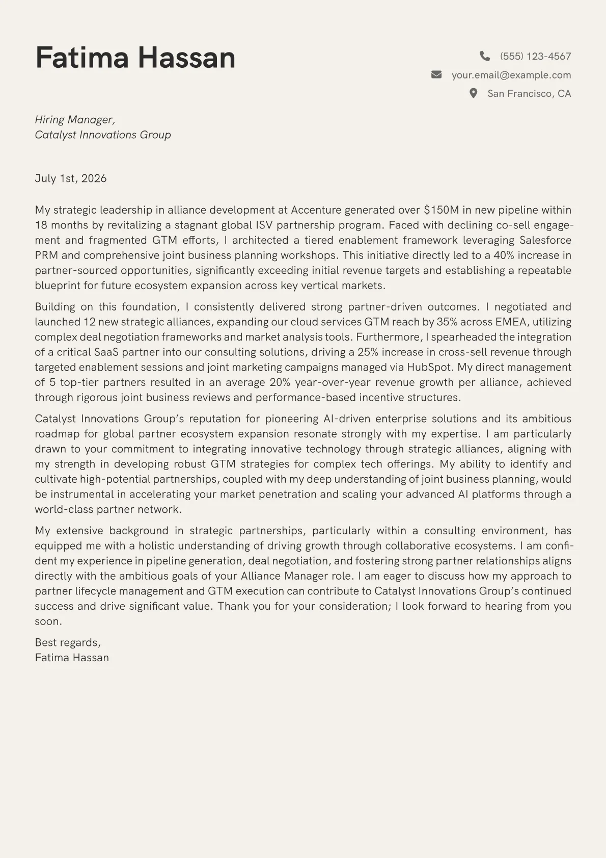Alliance Manager cover letter formatted with a JobSprout template