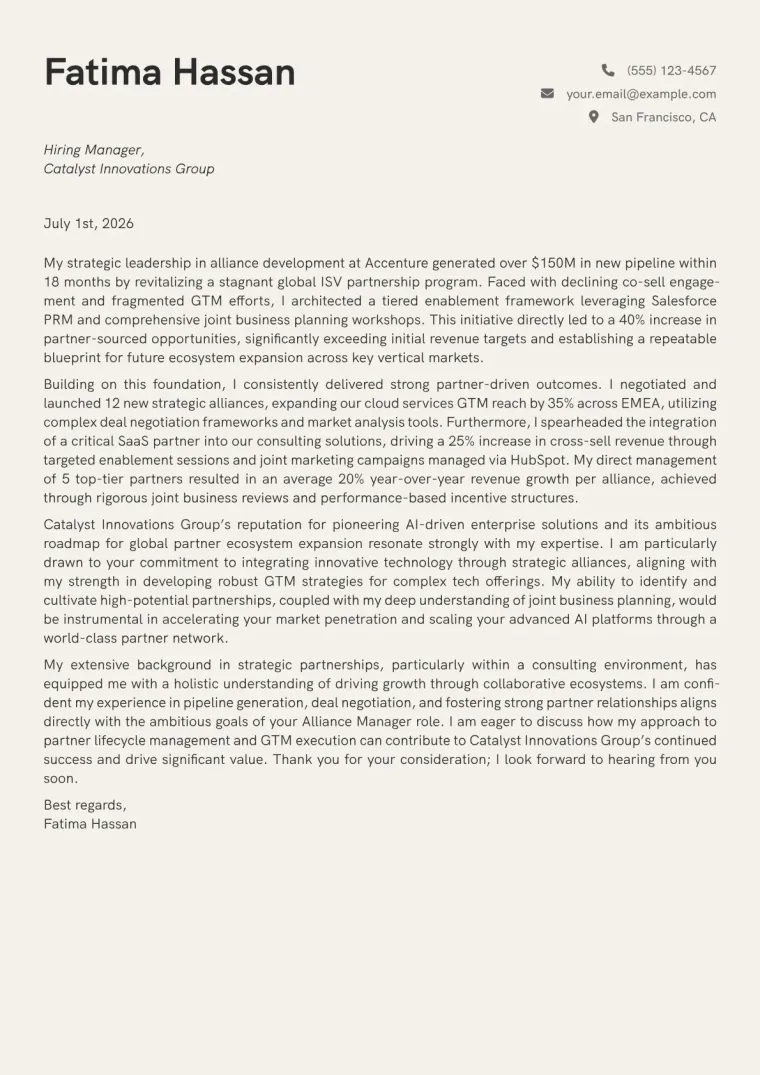 Alliance Manager cover letter example preview