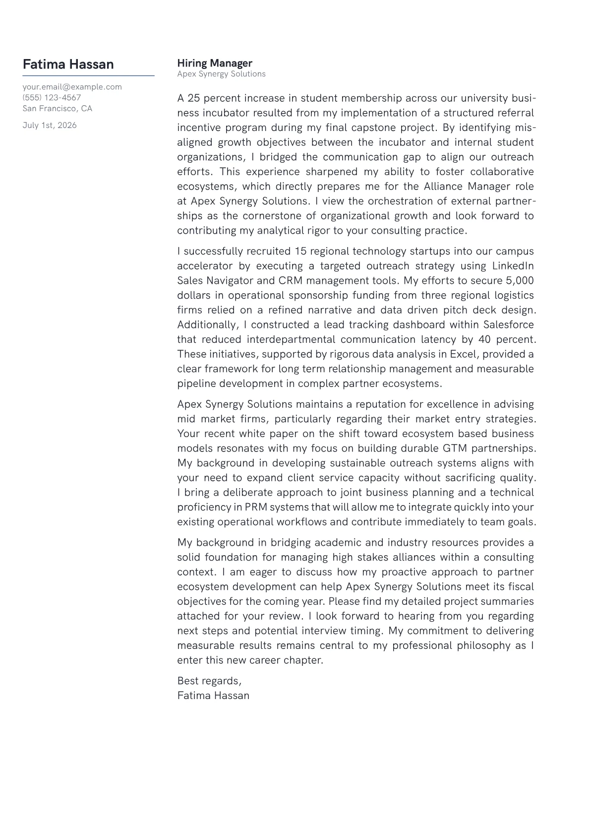 Alliance Manager cover letter in the Margin design