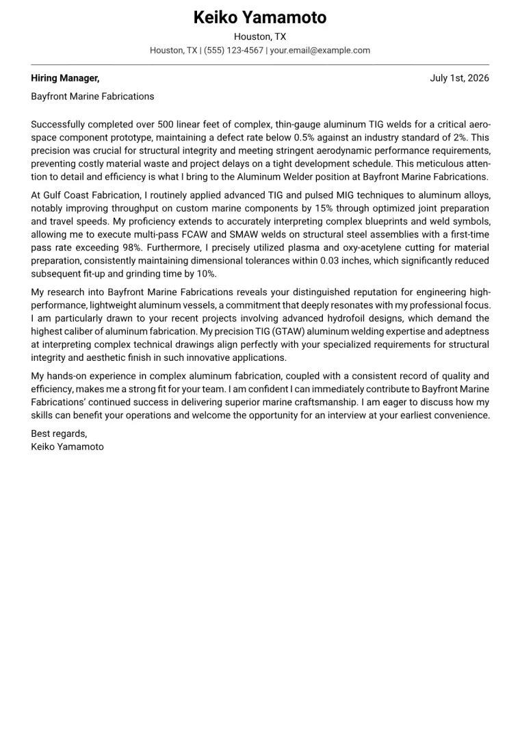 Aluminum Welder Cover Letter Example