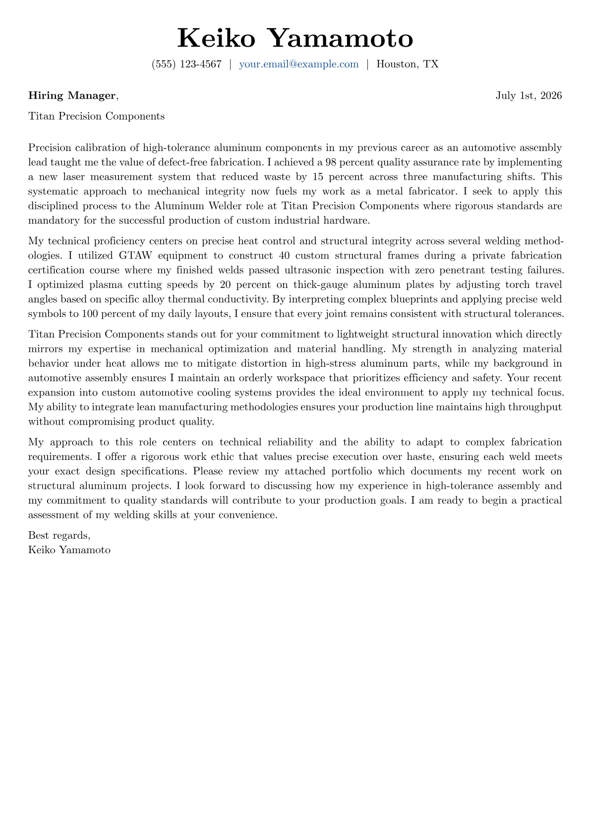 Aluminum Welder cover letter in the Basic design