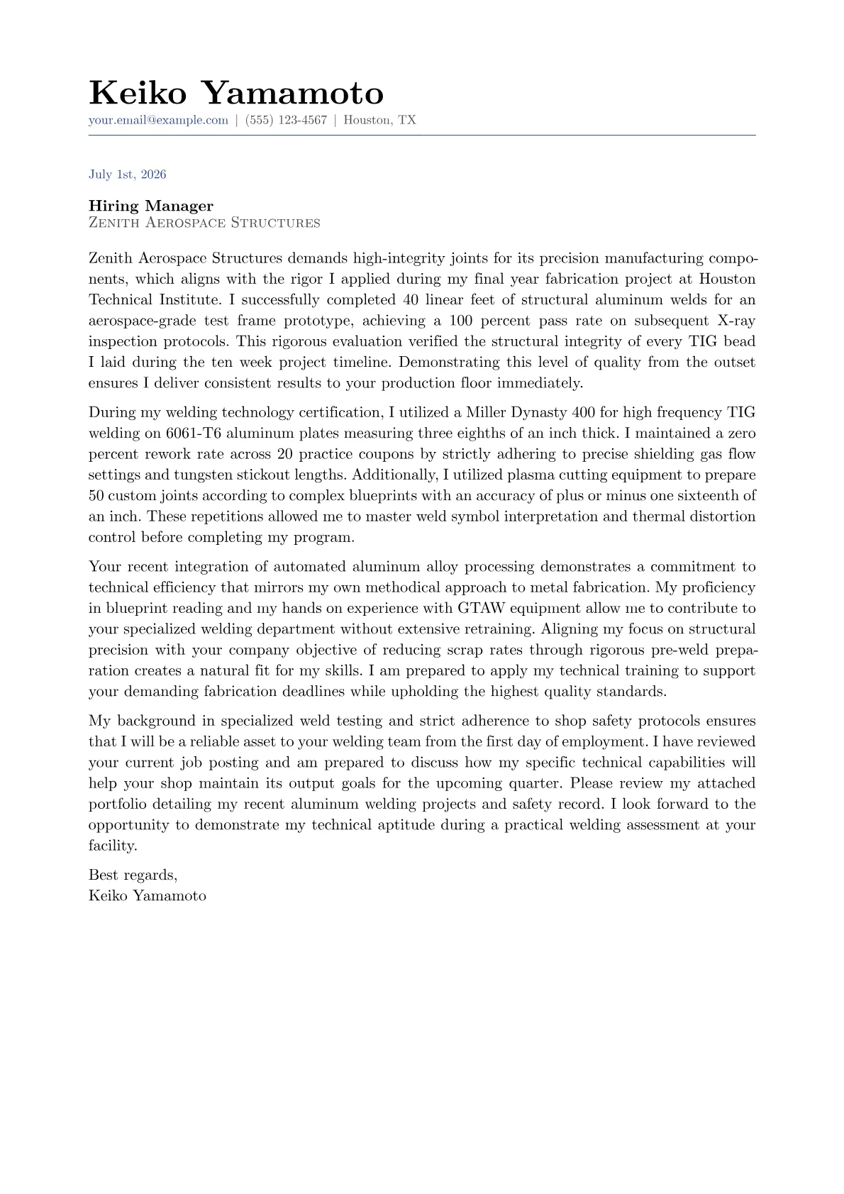 Aluminum Welder cover letter in the Classic design