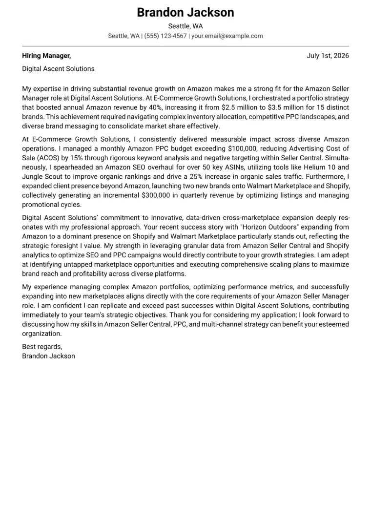 Amazon Seller Manager cover letter example preview