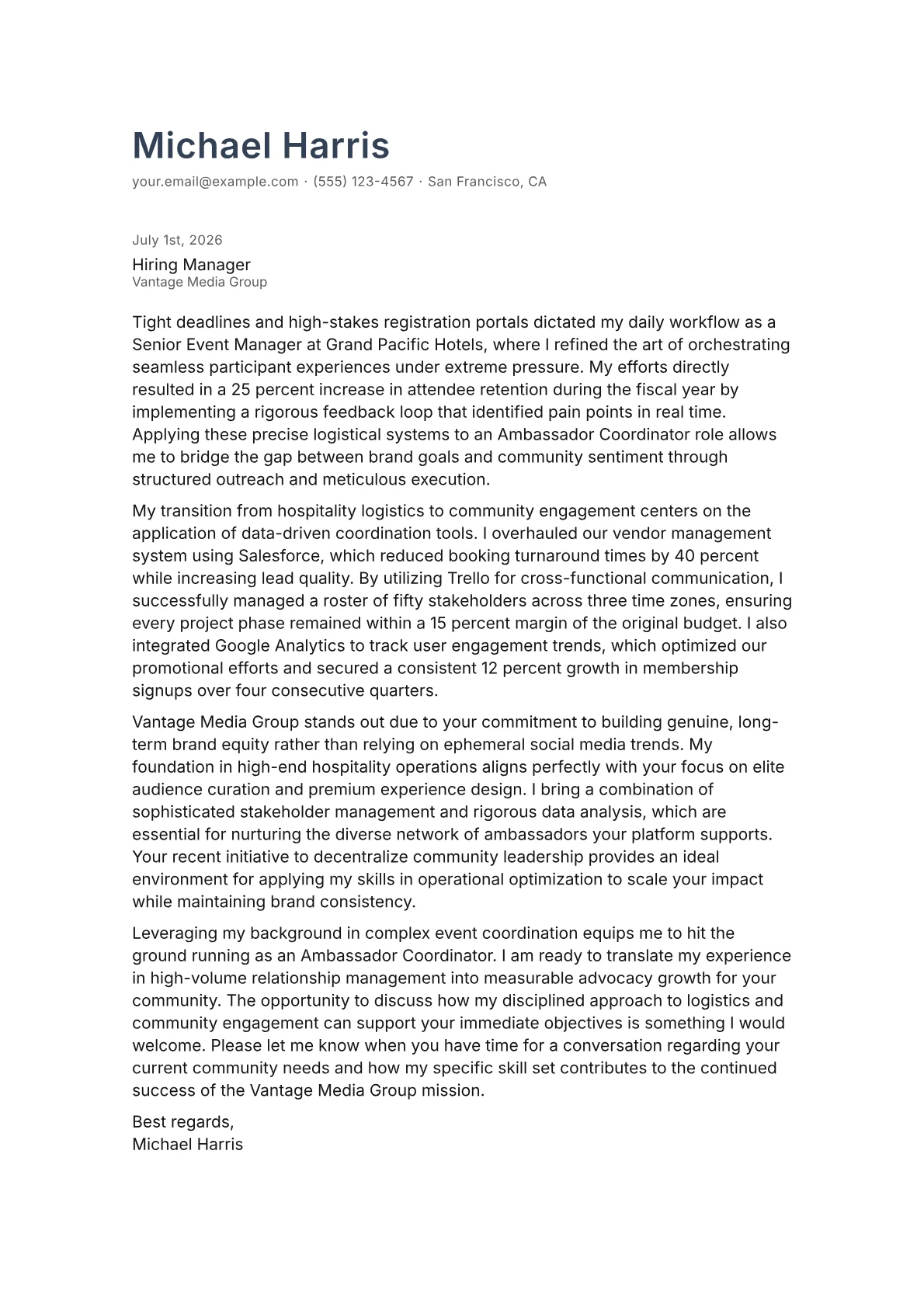 Ambassador Coordinator cover letter in the Minimal design
