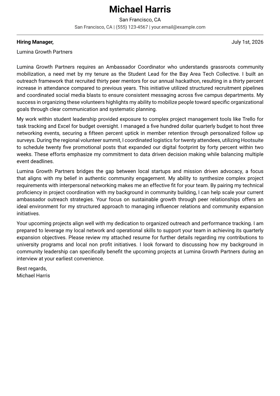 Ambassador Coordinator cover letter in the Modern design
