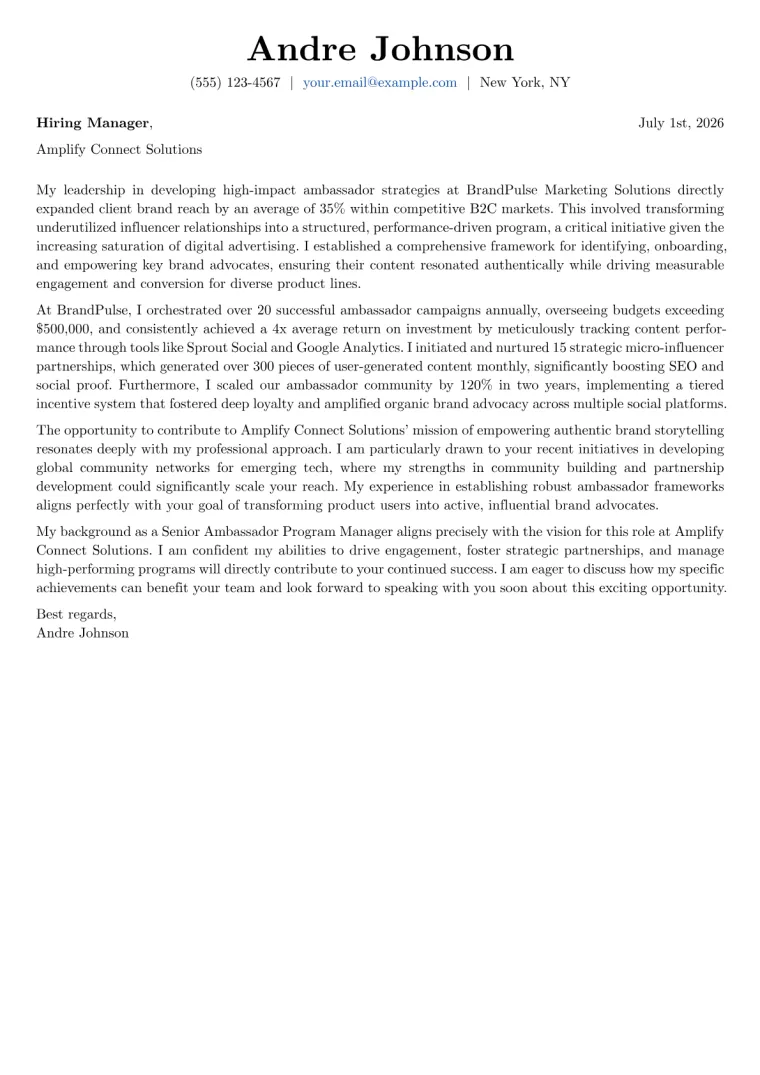 Ambassador Program Manager cover letter example