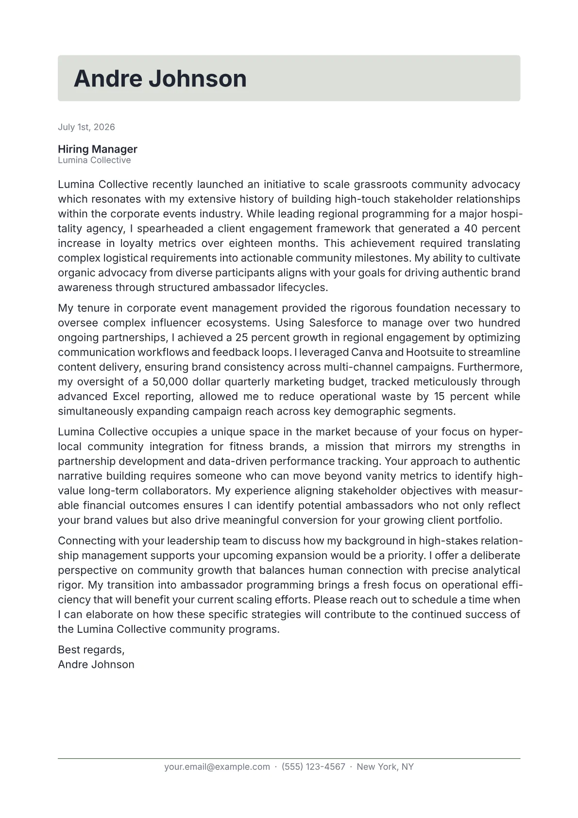 Ambassador Program Manager cover letter in the Letterhead design