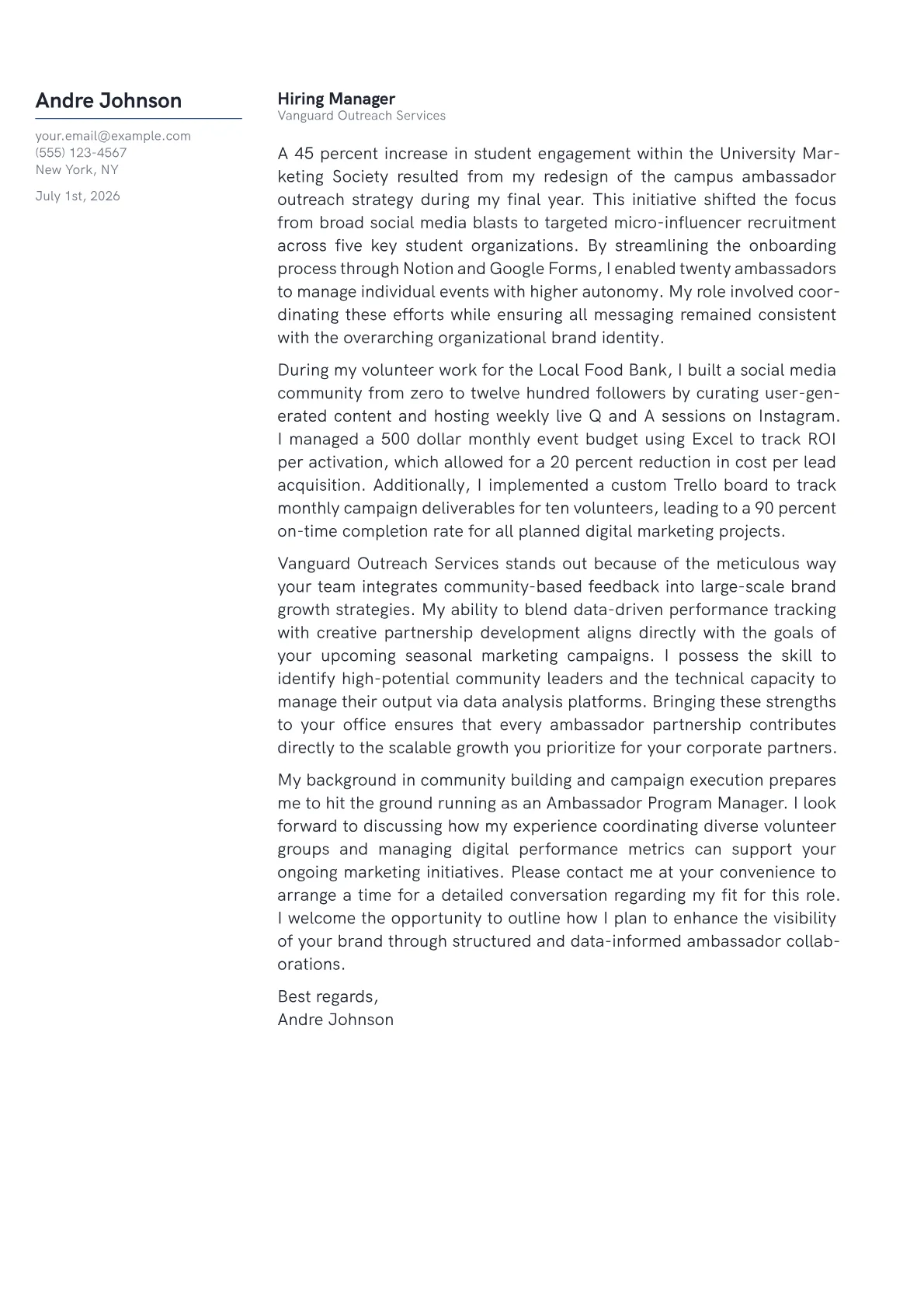 Ambassador Program Manager cover letter in the Margin design