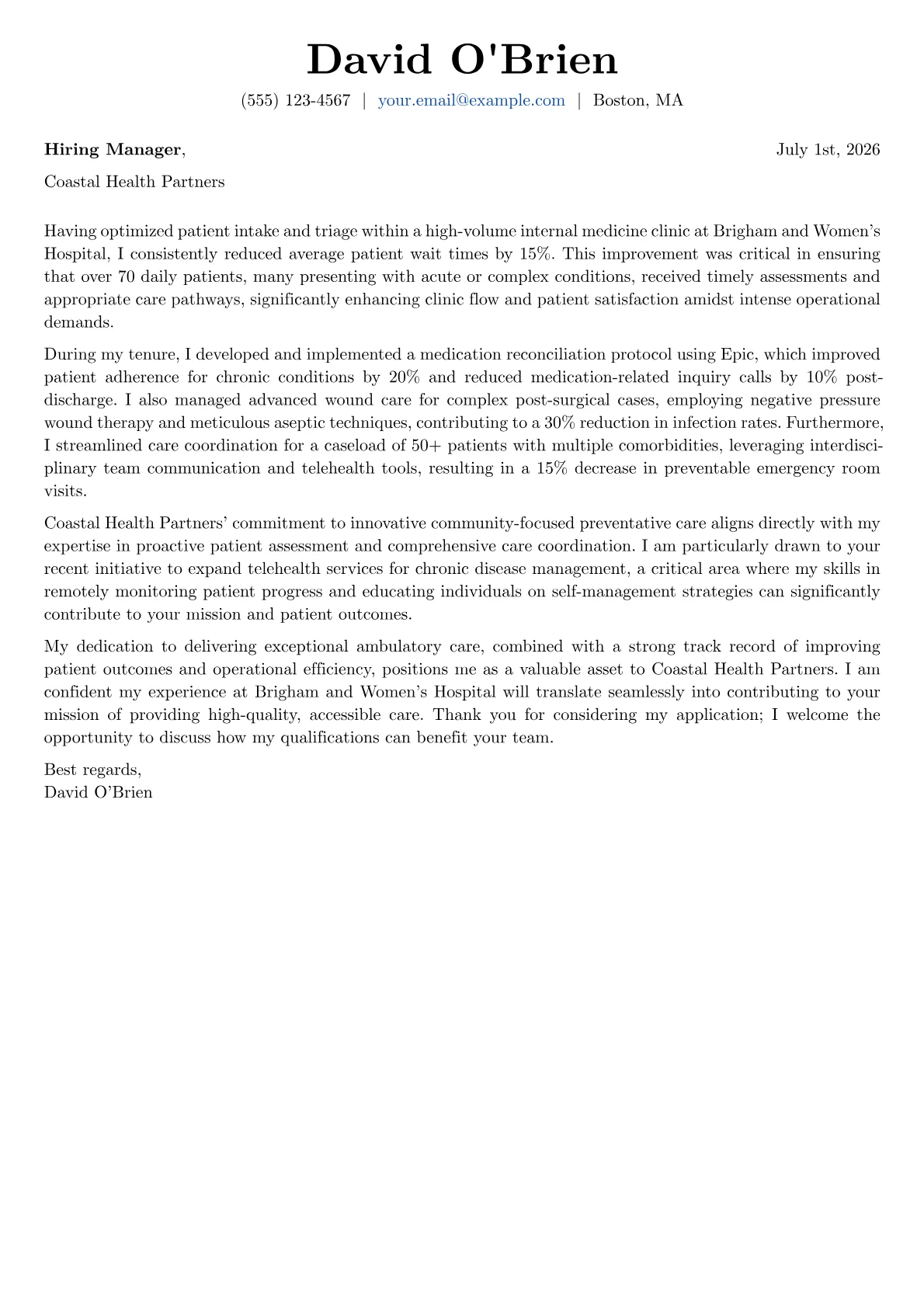 Ambulatory Care Nurse cover letter formatted with a JobSprout template