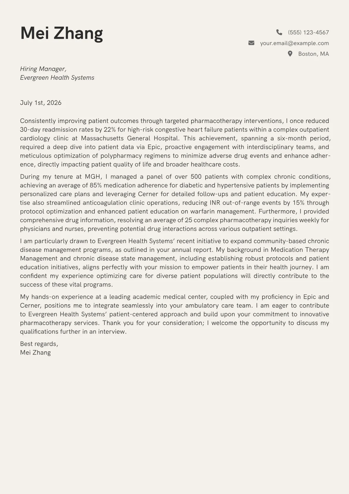 Ambulatory Care Pharmacist cover letter formatted with a JobSprout template