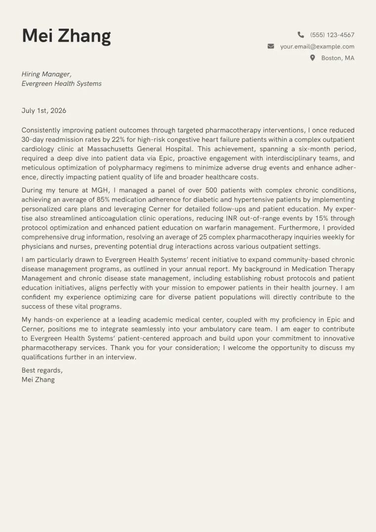 Ambulatory Care Pharmacist cover letter example preview